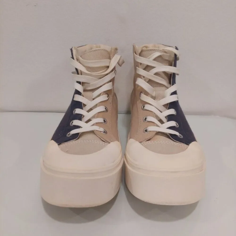 Limited H&M + GOOD NEWS Colab Navy/Sand Canvas Hightop Sneakers Women Sz 7 EU 39